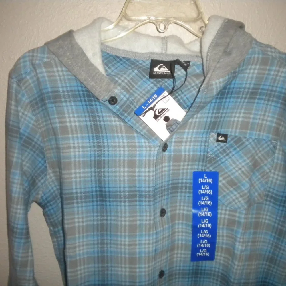 Quiksilver Boys Size Large 14/16 Azure Blue Hooded Flannel Shirt Shacket NWT - Picture 3 of 5